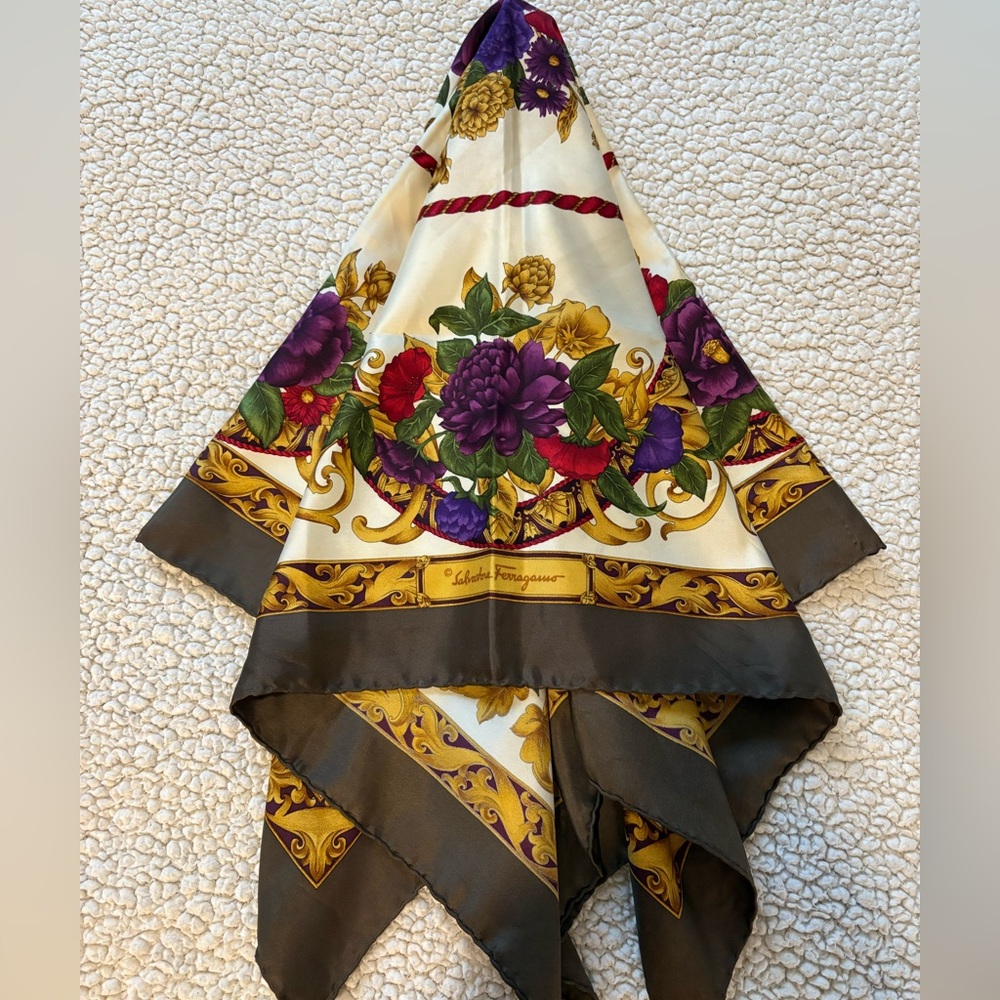 Salvatore Ferragamo Cream Silk Scarf with Floral Motif